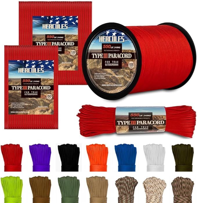 HERCULES Type III Paracord 550 Paracord Rope Parachute Cord, 50' Imperial Red for Camping Cord, Survival Rope