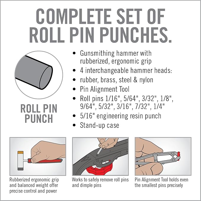 Real Avid Roll Pin Punch Set & Hammer + Non-Slip Magnetic Bench Block | 10 Nickel-Plated Steel Roll Pin Punches, 4 Interchangeable Hammer Heads - Brass, Steel, Ruber, Nylon & Non-Marring Bench Block