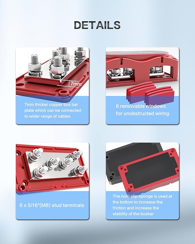 450A Bus Bar 12v Power Distribution Block 6 x 5/16"(M8) Terminal Block Heavy Duty Waterproof Buss Bar Junction Block Marine Battery Bus bar for Automotive Boat Solar System