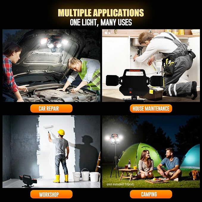Rechargeable Work Light 5000LM, Foldable&Rotatable Magnetic LED Work Light with 6 Modes, 8000mAh Battery Powered Portable Work Lights for Car Repair, Home Maintenance, Workshop, Camping, Emergency Use