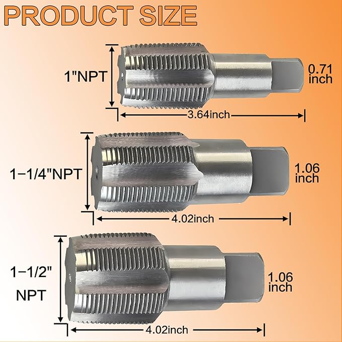 3-Piece NPT Pipe Tap Set, Precision Carbon Steel Tap Set for Clean Accurate Threads, 1", 1-1/4", 1-1/2" NPT Tap, Perfect for Plumbers Mechanics DIYers, with Durable Plastic Case.