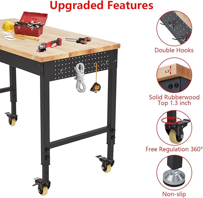 48x24 Inch Heavy-Duty Adjustable Workbench with Rubber Wood Top – 2000LB Capacity Mobile Garage Workstation, Locking Wheels, Power Outlets, Ideal for Workshop, DIY & Tool Storage (Black)