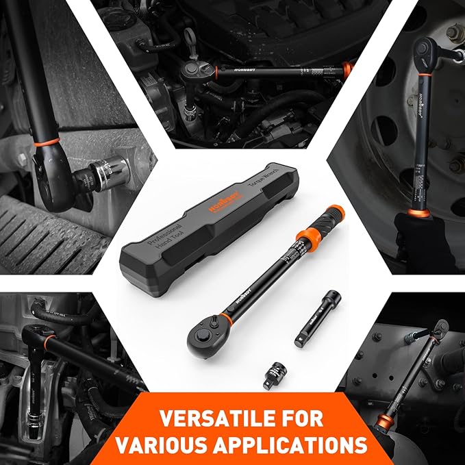 HORUSDY 1/2-Inch Drive Click Torque Wrench Set – 10–170 ft-lb / 13.6–230.5 Nm, ±3% Precision, Dual Scale, 72-Tooth Reversible Head with 5" Extension & Adapter for Car, Tire, and Motorcycle Use