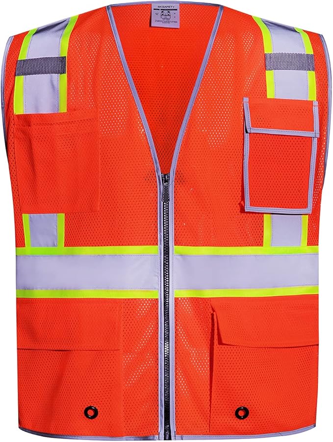 SKSAFETY 10 Pockets Safety Vest, Class 2 High Visibility Security with Zipper Double-sided mesh, Hi Vis Vest with Reflective Strips, ANSI/ISEA Standard, Construction Work Vest （Orange, 2XL）