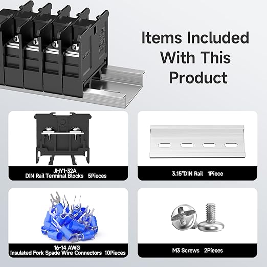 5Pcs JHY1 DIN Rail Terminal Blocks, 660V 32A, 6mm², Detachable & Assemblable Terminal Strip Blocks, 10Pcs 16-14 AWG Insulated Fork Spade Wire Connectors & 3.15 Inch DIN Rail Included