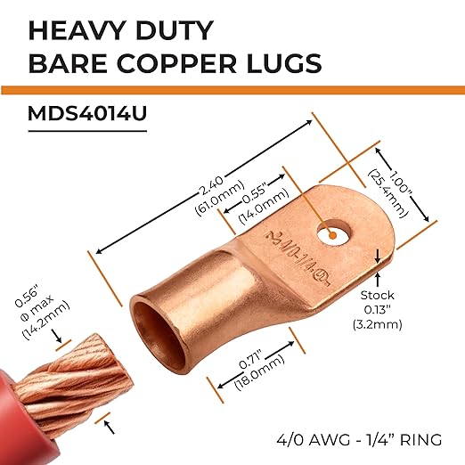 SELTERM 25pcs 4/0 AWG 1/4" Stud Battery Lugs, Ring Terminals, Heavy Duty Copper Wire Lugs, Battery Cable Ends, 0000 Gauge Ring Terminal Connectors, UL Bare Copper Eyelets Electrical Battery Cable Lugs