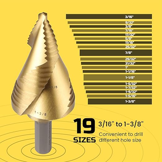 Lichamp Unibit Step Drill Bit for Metal, Genuine HSS M2 Drill Stepper Bit for Hard Metal Heavy Duty, 19 Sizes from 3/16" to 1-3/8", Spiral Grooved with Hex Drive, C2GD