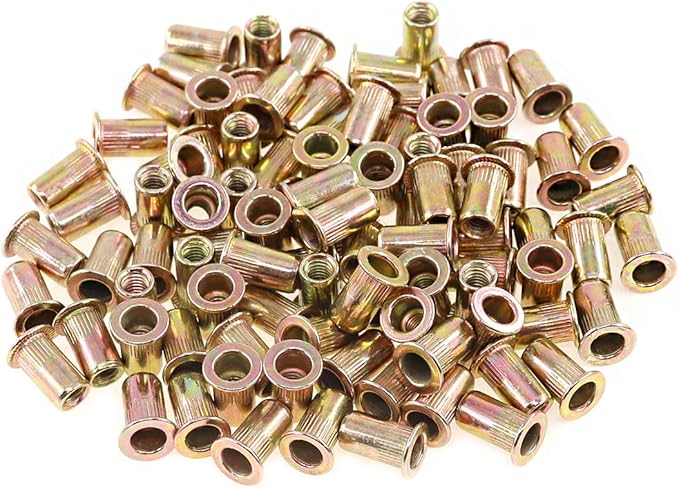 Keadic 150Pcs M4 Rivet Nuts Metric Zinc Plated Rivet Nut Carbon Steel Rivet Nut Flat Head Threaded Insert Kit Threaded Rivet Insert Nutsert Rivnuts Kit for Furniture