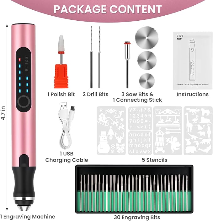 Electric Engraving Pen with 37 Bits, USB Rechargeable Cordless Etching Engraving Tool, Portable DIY Rotary Engraver for Jewelry Wood Glass Stone Carving (Rose Red)