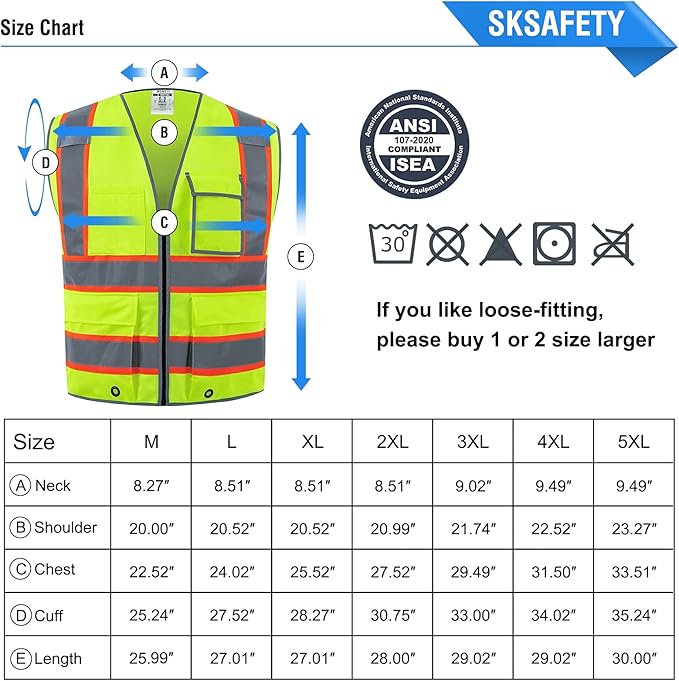 SKSAFETY 10 Pockets Safety Vest, Class 2 High Visibility Security with Zipper, Hi Vis Vest with Reflective Strips, ANSI/ISEA Standard, Construction Work Vest for Men ＆ Women （Lime, 2XL）