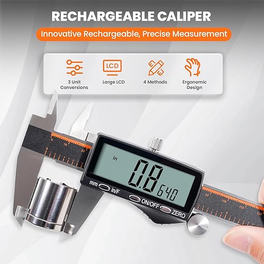HARDELL Digital Caliper, Rechargeable 0-8 Inch Calipers Measuring Tool with Large LCD Screen, Inch/MM/Fraction, Stainless Steel, Auto-Off, Vernier Caliper Digital Micrometer