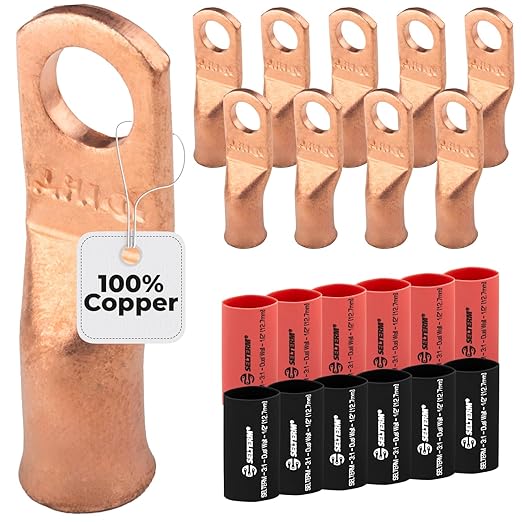 SELTERM 10pcs - 6 Awg - 1/4" Stud - Battery Lugs - Ring Terminal Connectors | with 12pcs 3:1 Black & Red Heat Shrink Tubing with Adhesive | Heavy Duty Battery Cable Ends - Bare Copper Wire Lugs Kit