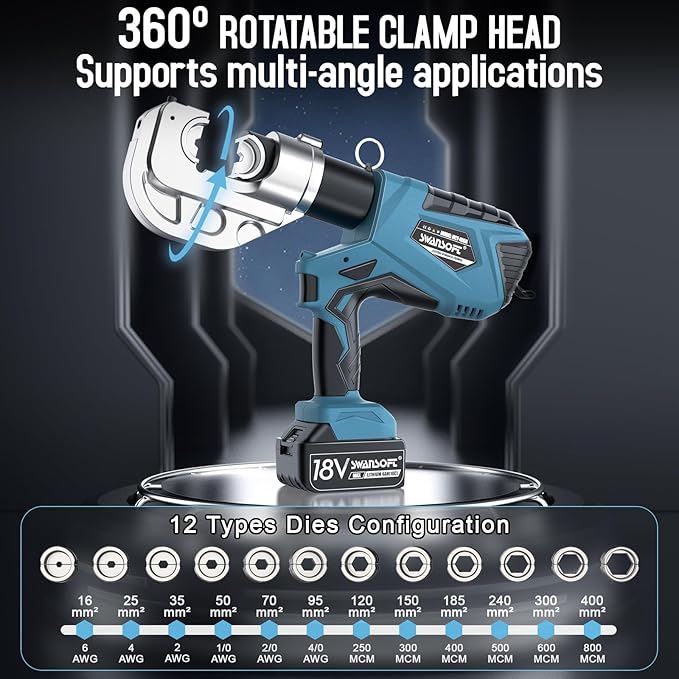 SWANSOFT Electric Hydraulic Crimping Tool, 12Ton 6AWG-800MCM Rechargeable Hydraulic Crimper for Cu/Al Terminal, Continuously Crimp Wire Cable Lug Crimping Tool Kit with 12 Dies (HCT-400A)