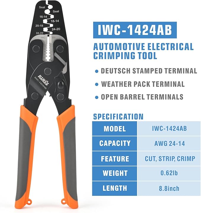 iCrimp Open Barrel Terminal& Weather Pack Terminal Crimper for AWG 24-14 with Built-in Wire Stripper&Cutter