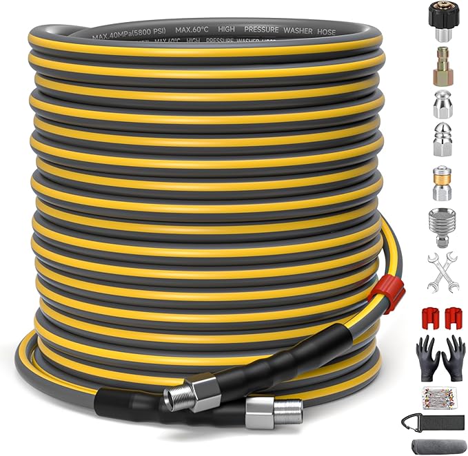 Sewer Jetter Kit for Pressure Washer, 5800PSI Drain Cleaner Hose 1/4 Inch NPT Corner,Showerhead,Rotating rotates,Mushroom Nose,Corner Sewer Nozzle(150FT)
