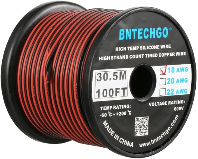BNTECHGO 18 Gauge Flexible 2 Conductor Parallel Silicone Wire Spool Red Black High Resistant 200 deg C 600V for Single Color LED Strip Extension Cable Cord,Model,100ft Stranded Tinned Copper Wire