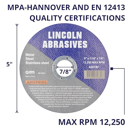 200 Pc 5" x 1/16" x 7/8" Cut-Off Wheels Lincoln Abrasives Metal & Stainless Steel