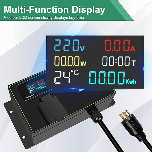 30A AC Power Meter, 125V Digital Multimeter Tester, NEMA L6-30P to NEMA L5-30R Outlet Monitor with 2FT 10AWG Cable and 30A Circuit Breaker, Real-Time Voltage, Current, Power, and Energy Monitoring