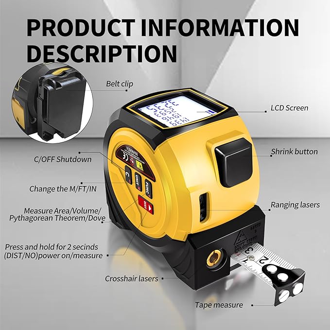 Laser Tape Measure 3 in 1 Laser Rangefinder Tape Measure 135ft Laser Measuring Tape & 16ft Tape Measure for Pythagorean, Area, Volum, Multi-Unit Conversion (Ft/Ft+in/in)