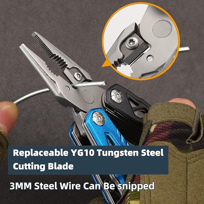 HANSHI Replaceable Wire Cutter Hammer Multitool with Nylon Sheath for Outdoor,Camping,Survival,Hiking,17 In 1 Pocket Multi Tool with Spring-Action Plier,Knife,Flint Rod,Safty Whistle for Gift