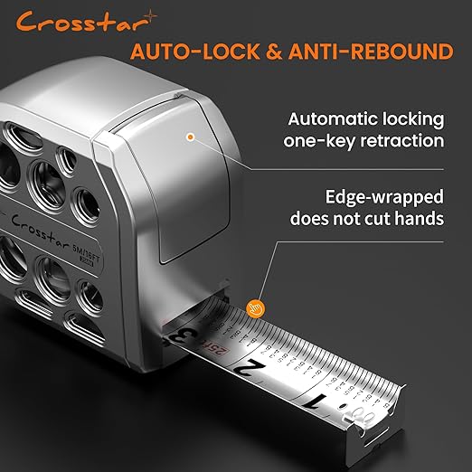 Crosstar 16FT Magnetic Self-Locking Stainless Steel Tape Measure, Double-Sided Scale, Waterproof & Rustproof Retractable Measuring Tape with Hollow Design for Home, Industrial, Woodworking