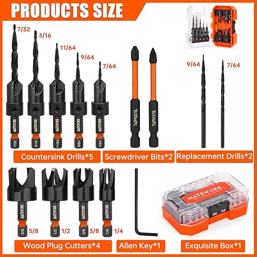 Countersink Drill Bit Set, 15PCS M2 Cobalt HSS Woodworking Tool Set, Adjustable Depth Tapered Drill Bit Set with 4 Wood Plug Cutters & 1/4" Hex Shank, Counter Sink Drill Bit for Wood with Storage Box