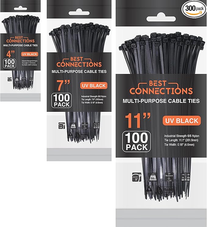 BEST CONNECTIONS Black Cable Zip Ties 300 Pack Assorted Sizes 4+7+11 Inch (100 Pack Each) – Multi-Purpose Self-Locking Nylon Wire Ties with 50 Lbs Tensile Strength – Cable Management