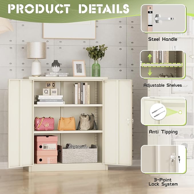 SUNCROWN Metal Storage Cabinets, 36”Locking Cabinet with Doors and Adjustable Shelves, Steel Utility Tool Garage Cabinets for Home, Office, Kitchen, Warehouse,Warm Grey