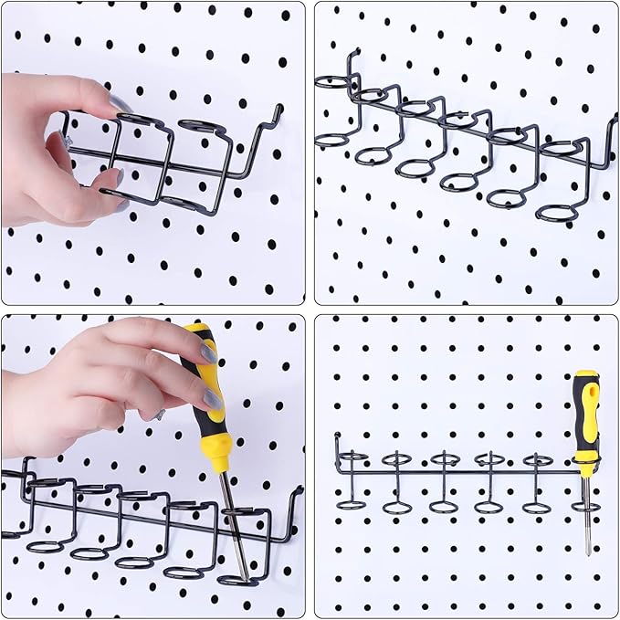 Hotop 2 Pieces Pegboard Screwdriver Holder Peg Board Tool Utility Hooks Pegboard Accessories Six-Tool Organizer Racks Accessory Multi-Ring Holder for Pliers(Black)