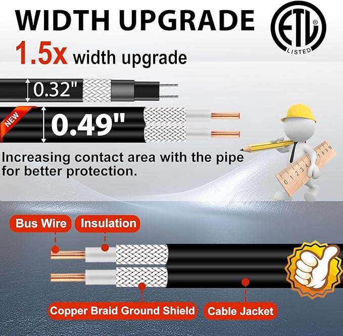 HEATIT Heating Cable for Water Pipes Automatic Heat Tape Pipe Freeze Protected Heated Cable 24 Feet