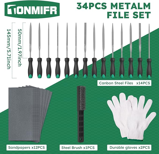 Professional Metal File Set 34Pcs Industrial Grade High Carbon Steel,5 Shapes (Flat/Half Round/Round/Triangle/Square) for Hardened Steel, Metalworking Tools with Storage Case,14 Needle Files