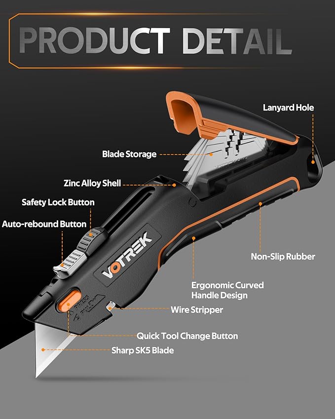 Box Cutter Utility Knife, [2-in-1] Retractable Box Cutter, Safety Heavy Duty Sharp Razor Knife for Home & Warehouse Cardboard, Carpet, Blade Storage, with Extra Razor & Hook Blades (Orange)