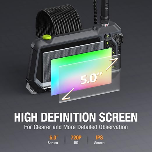 Dual Lens Endoscope with 5" Monitor, Teslong NTS500 Industrial Waterproof Borescope Inspection Camera with 0.21in Front & Side-View Double Lens with 9.8FT Probe, 5-Inch IPS LCD Screen & Case