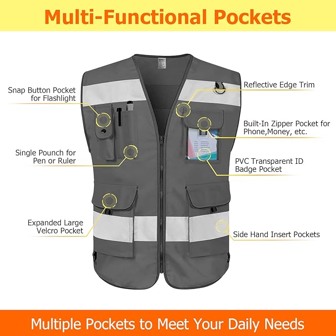 TCCFCCT Hi Vis Vest 9 Pockets High Visibility Reflective Safety Vest for Men Women, Safety Construction Vest with Reflective Strips, Meets ANSI/ISEA Standards, (Grey, Medium)