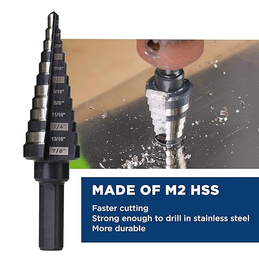 3/16 to 7/8 Inches M2 HSS Step Drill Bit for Metal, Plastic, Wood, Aluminum, Heavy Duty Unibit with Multi Hole Sizes