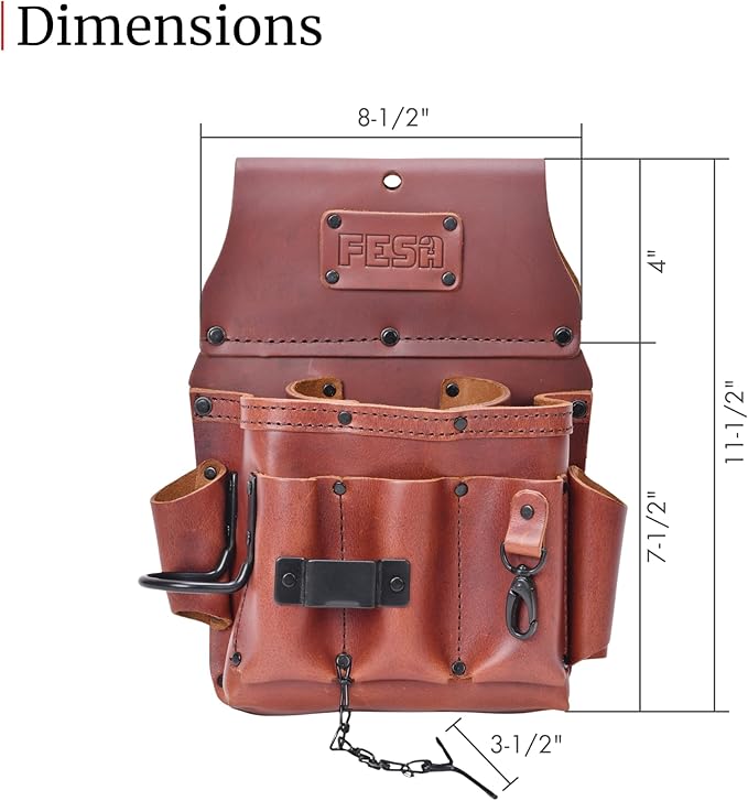 FESA Leather Electrician Tool Pouch - 13-in-1 Top Grain Leather Electrician Pouch w/Steel Hammer Loop, Tape Measure Clip, Tape T-Chain & 6 Pockets - Fits Belts up to 3" - Handcrafted