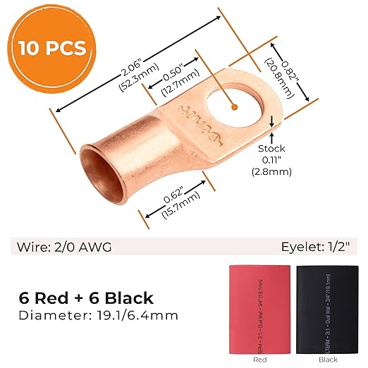 SELTERM 10pcs - 2/0 Awg - 1/2" Stud - Battery Lugs - Ring Terminal Connectors | with 12pcs 3:1 Black & Red Heat Shrink Tubing with Adhesive | Heavy Duty Battery Cable Ends - Bare Copper Wire Lugs Kit