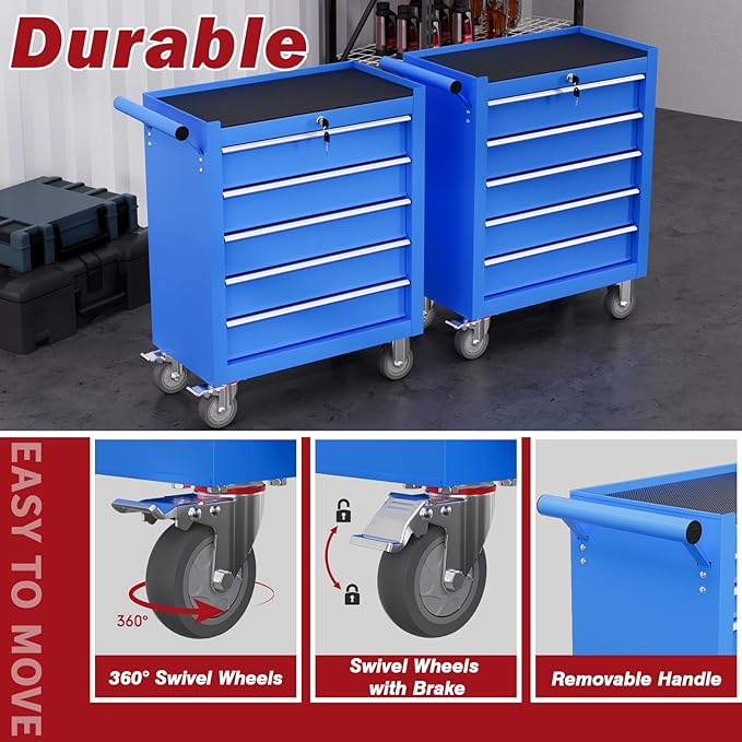 Rolling Tool Chest with Drawers, 5 Drawers Tool Chests & Cabinets, Metal Toolbox with Wheels, Lockable Storage Cabinet, Garage Tool Box with Drawers (Blue, 5 Drawers)