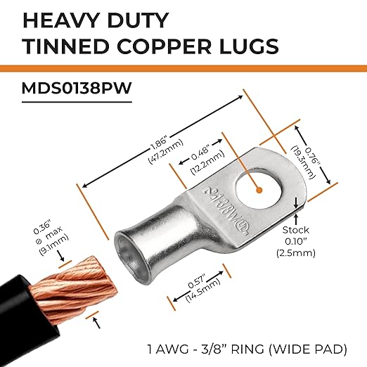 SELTERM 2pcs 1 AWG 3/8" Stud (Wide Pad) Tinned Copper Wire Lugs, Battery Lugs, Ring Terminals, Battery Cable Ends, 1 Gauge Ring Terminal Connectors, UL Marine Grade Battery Terminal Connectors