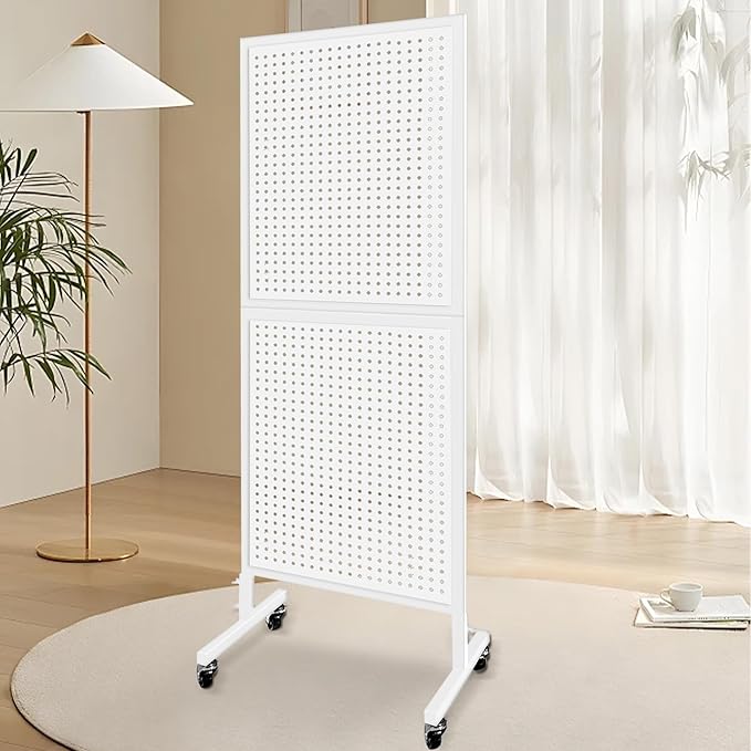 Royxen Metal Pegboard 2 x 5 Feet with 30 Hooks, Peg Board Display Stand with Wheels, Standing Pegboard Display, White
