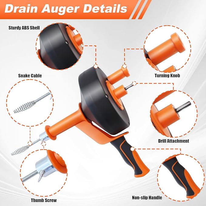 Drain Snake, 42FT Drain Auger with Drill Adapter, Plumbing Snake Clog Remover with Work Gloves, Manual or Powered Use for Kitchen, Sink, Sewer and Shower