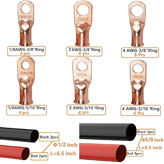 SVAAR 34pcs Battery Cable Lugs kit 1/0 Gauge 2 Gauge 4 Gauge Bare Copper Lugs with 5/16" and 3/8" Stud Heavy Duty 0 2 4 AWG Wire Lugs Ring Terminal Connectors Crimp Cable Ends with Heat Shrink Tube