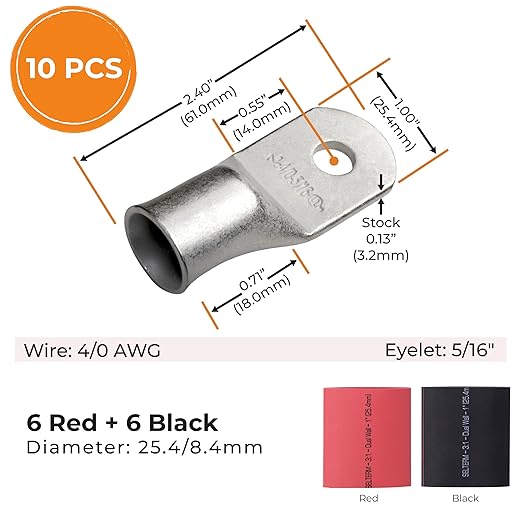SELTERM 10pcs - 4/0 Awg - 5/16" Stud - Battery Lugs - Ring Terminal Connectors with 12pcs 3:1 Black & Red Heat Shrink Tubing with Adhesive | Heavy Duty Battery Cable Ends - Tinned Copper Wire Lugs Kit