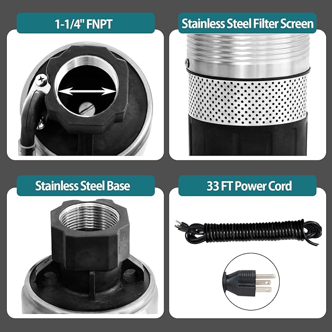 WASSERMANN 4" Septic Submersible Effluent/Cistern Bottom Suction Pump With 33FT Cable, 1HP, 230V/60HZ, 26GPM, 138FT Head, Stainless Steel Deep Well for Septic Tank Home
