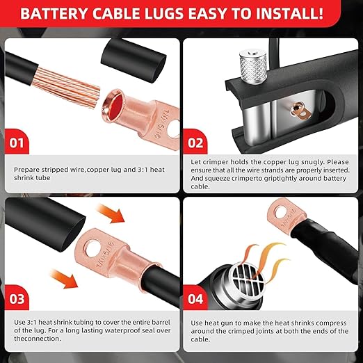 RED WOLF 6 AWG 5/16"(M8) 20 Pcs Wire Lugs Ring Terminal Connectors Ends, 6 Gauge Battery Cable Copper Connector Ring Ends Stud w/Heat Shrink Tubing 3:1 Black Red for Automotive Electrical