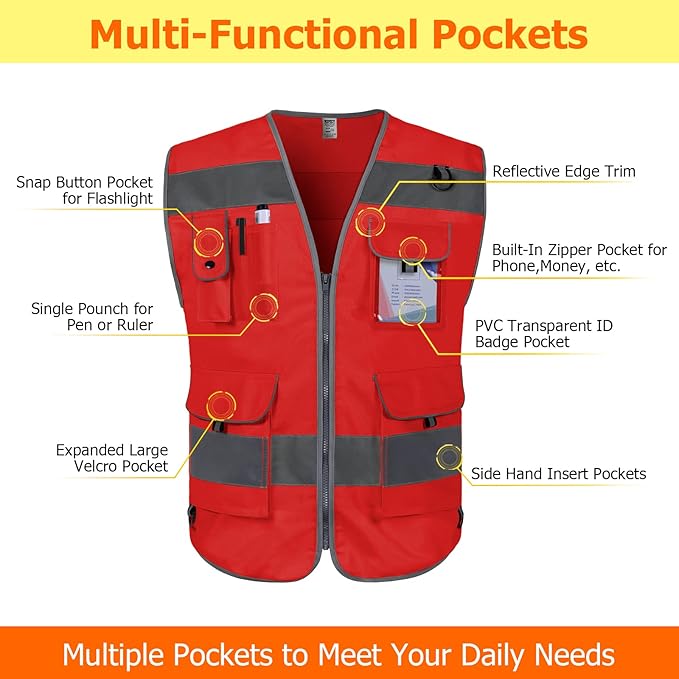 TCCFCCT Safety Vest 9 Pockets High Visibility Reflective Safety Vest for Men Women, Hi Vis Work Vest with Reinforced Sewing, Durable to Use, Meets ANSI/ISEA Standards, (Red, 3X-Large)
