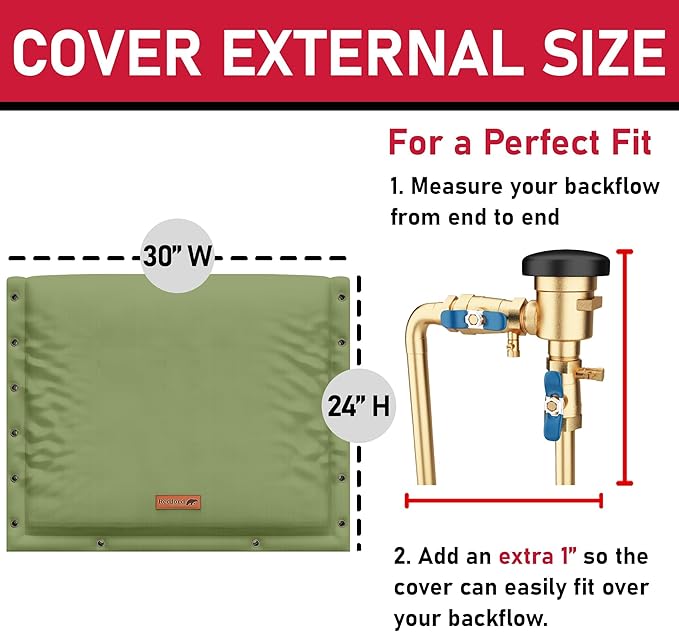Redford Supply Co. Cold Snap (5°F) Backflow Preventer Insulation Cover, 3-Way Custom, 30"W x 24"H, Pipe Insulation, Water Sprinkler Covers for Outside, Sprinkler Backflow Cover for Winter (Green)
