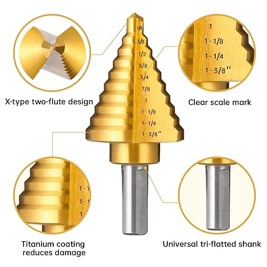 Titanium Step Drill Bit, 1/4" to 1-3/8" Step Bit for Metal, 10 Sizes HSS Step Drill Unibit