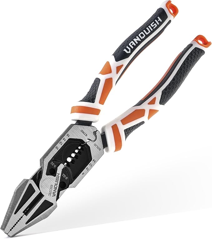 VANQUISH 8-in-1 Linesman Pliers, 8’’ Multipurpose Combination Pliers Wire Cutter/Crimper/Stripper, CRV Steel Hand Tool, Heavy Duty Side-Cutting Pliers for Crimping, Stripping, Shearing, Screwing, 3238
