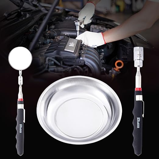3 Pack Telescoping Magnetic Pickup Tool, Magnetic Tray, Extendable Magnetic Pick Up Tool with LED Light, Telescoping Mirror for Automotive Work, Fishing or DIY(3pcs Magnetic Pickup Tool)